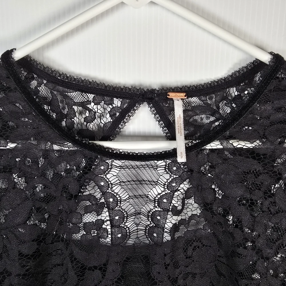 Free People Black Lace Dress with Pink Geometric Patterns Black Slip Under SizeS